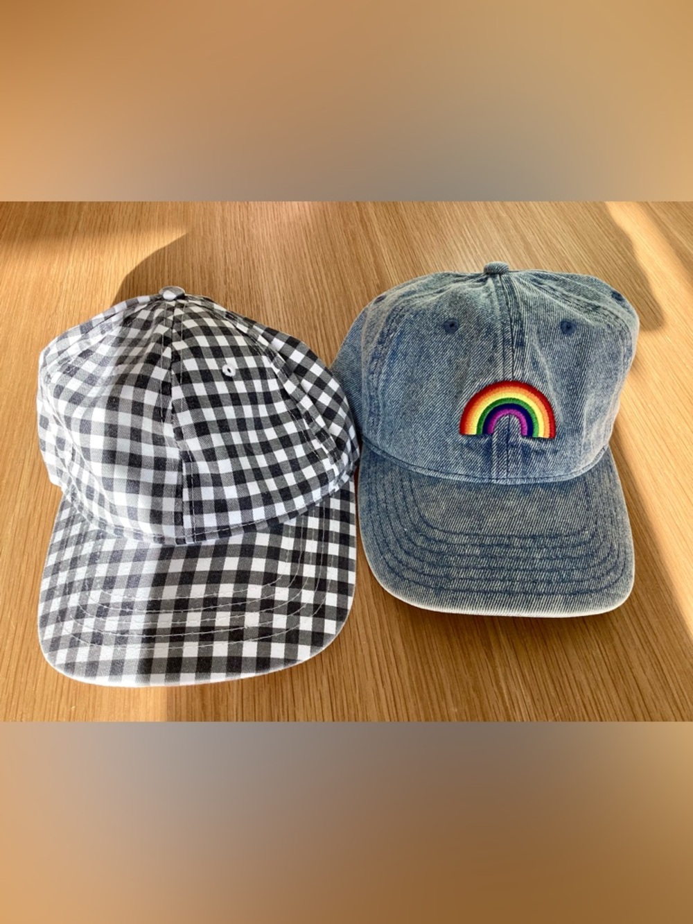 Bundle of 2 Adjustable Baseball Hats: Gingham & Rainbow Denim